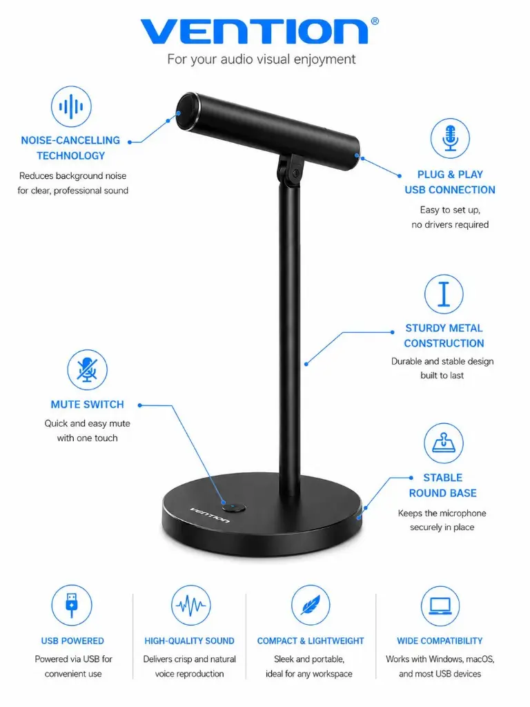 Vention Microfono Per PC Con Cavo Dati USB Black (NCCB0).webp