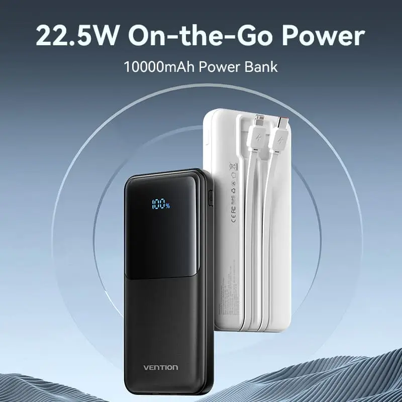 Vention Power Bank 10000 mAh 22.5W con Cavo Dati Type-C e Lightning Black FHOB0.webp
