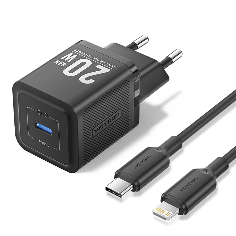 Vention Charger USB-C 20W GaN + Cable Type-C To Lightning (1 m) Black TZ-FEPB0-EU-02