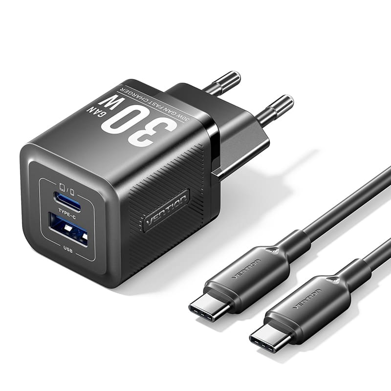 Vention Caricabatterie 2 Porte (USB+USB-C) 30W GaN + Cavo Type-C To Type-C (1 m) Black (TZ-FEQB0-EU-01)