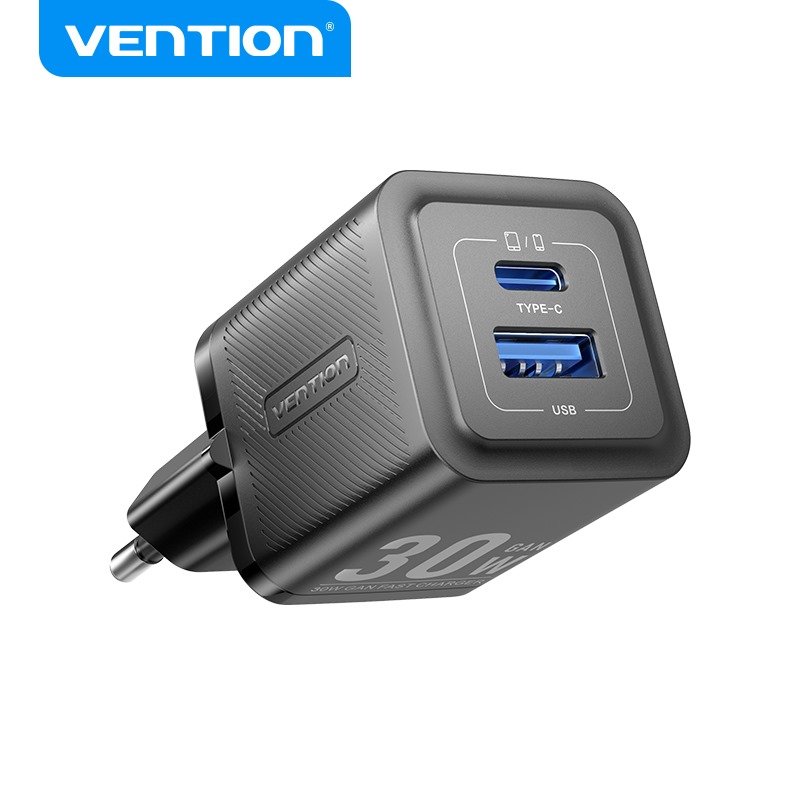 Vention Charger 2 Ports (USB+USB-C) 30W GaN Black FEQB0-EU