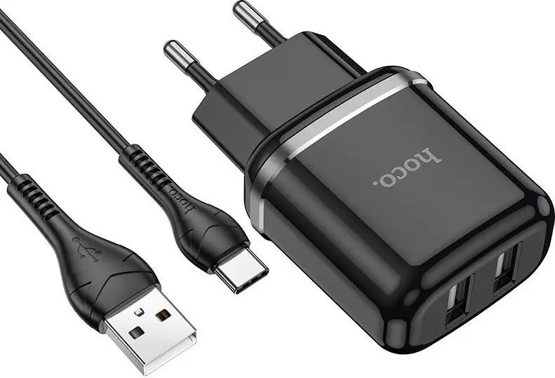 Hoco Charger 2 Ports (2 USB) 12W 2.4A + Type-C Cable Black N4  