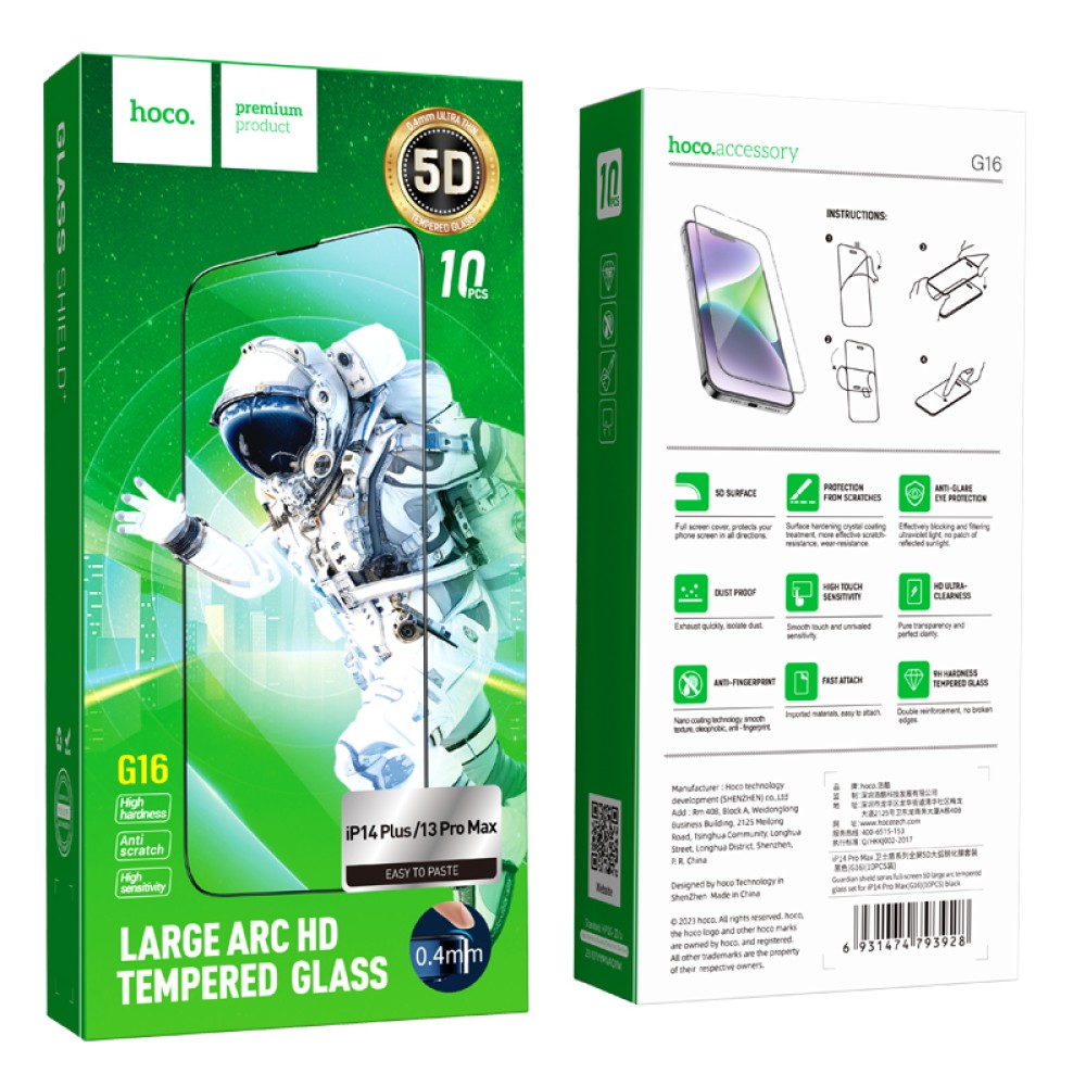 Hoco Tempered Glass iPhone 13 Pro Max, iPhone 14 Plus fullscreen 5D G16