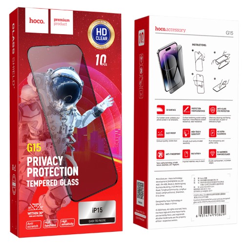 Hoco Tempered Glass Privacy iPhone 15 fullscreen 5D G16
