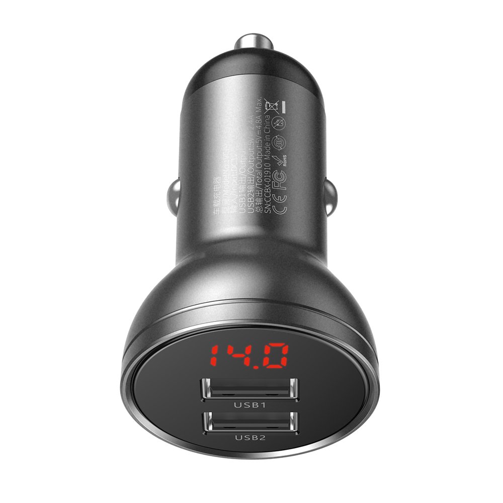 Baseus Charger per Auto 2 Porte (2 USB) 24W Digital Display Dual 4.8A Black CCBX-0G