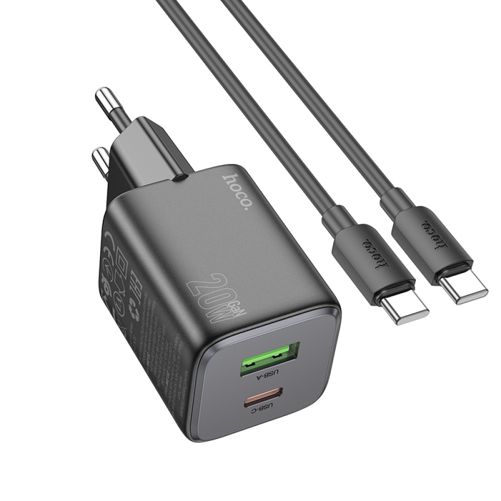 Hoco Caricabatterie 2 Porte (USB+USB-C) 20W + Cavo Type-C To Type-C Black N41