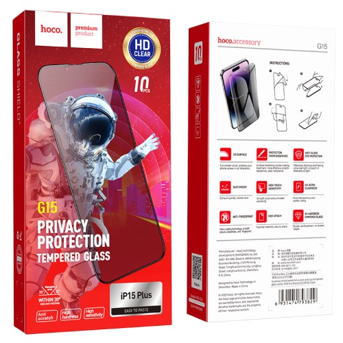 Hoco Pellicola Vetro Temperato Privacy iPhone 15 Plus iPhone 16 Plus Fullscreen G15