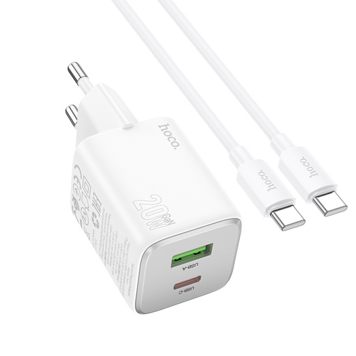 [6942007617079] Hoco Charger 2 Ports (USB+USB-C) 20W + Cavo Type-C To Type-C White N41
