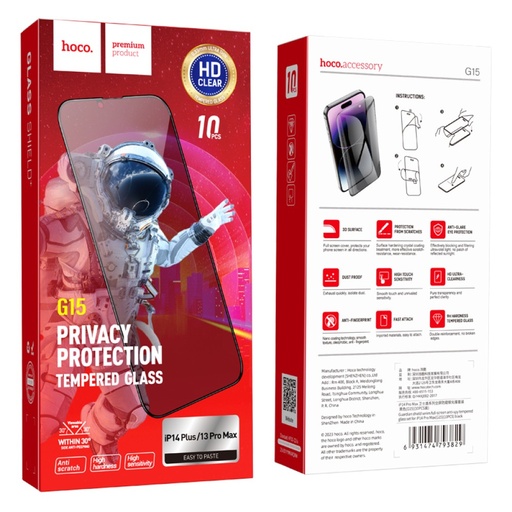 [6931474793805] Hoco Pellicola Vetro Temperato Privacy iPhone 13 Pro Max iPhone 14 Plus Fullscreen  G15