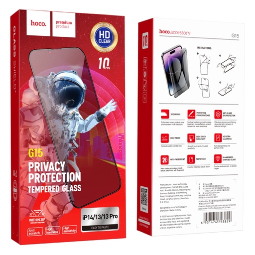 [6931474793799] Hoco Pellicola Vetro Temperato Privacy iPhone 13 iPhone 13 Pro iPhone 14 Fullscreen G15