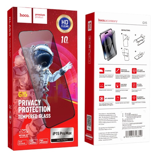 [6942007607629] Hoco Pellicola Vetro Temperato Privacy iPhone 15 Pro Max Fullscreen 5D G15.15PM