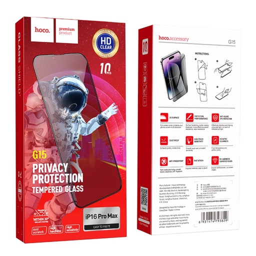 [6942007637237] Hoco Pellicola Vetro Temperato Privacy iPhone 16 Pro Max Fullscreen 5D G15