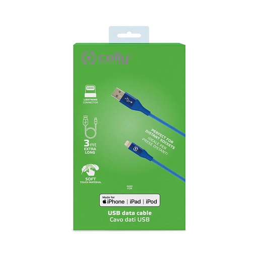[8021735747451] Celly Data cable Lightning 3mt blue (M.F.I) USBLIGHTCOL3MBL 