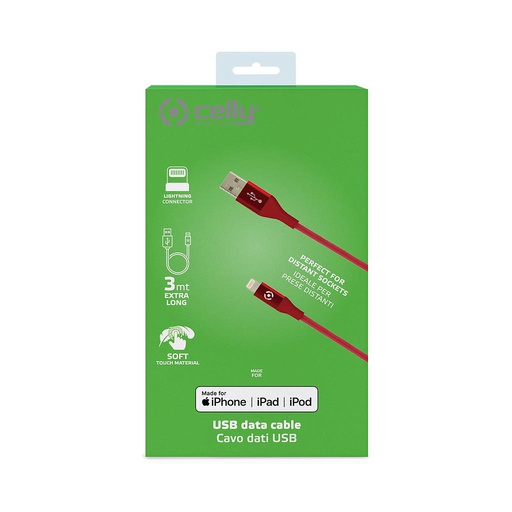 [8021735747468] Data cable Lightning Celly (M.F.I) USBLIGHTCOL3MRD 3mt red