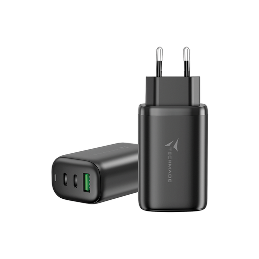 [8099990147781] Techmade Caricabatterie 3 Porte (USB+2 USB-C) 65W GaN Black TM-P937-BK