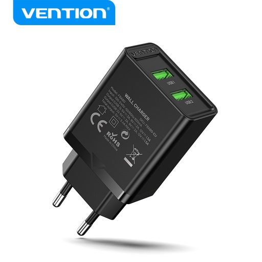 [6922794760899] Vention Caricabatterie 2 Porte (2 USB) 18W Black FBAB0-EU