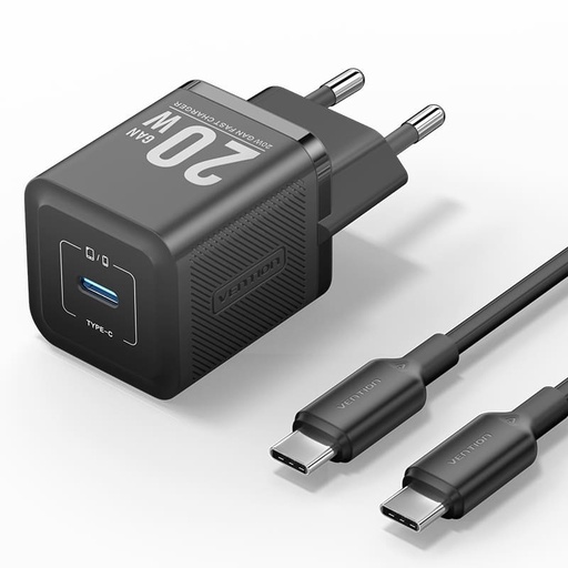 [6922794786233] Vention Caricabatterie USB-C 20W GaN + Cavo Type-C To Type-C (1 m) Black (TZ-FEPB0-EU-01)