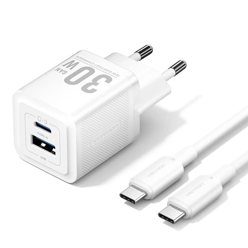 [6922794786387] Vention Charger 2 Porte (USB+USB-C) 30W GaN + Cavo Type-C To Type-C (1 m) White TZ-FEQW0-EU-01