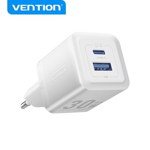[6922794782211] Vention Charger 2 Ports (USB+USB-C) 30W GaN White (FEQW0-EU)