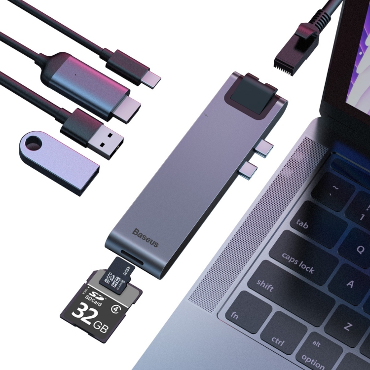 [6953156287358] Baseus thunderbolt C+Pro Hub USB-C 7-in-1 con 2x USB 3.0 + HDMI + RJ45 + SD TF grey CAHUB-L0G