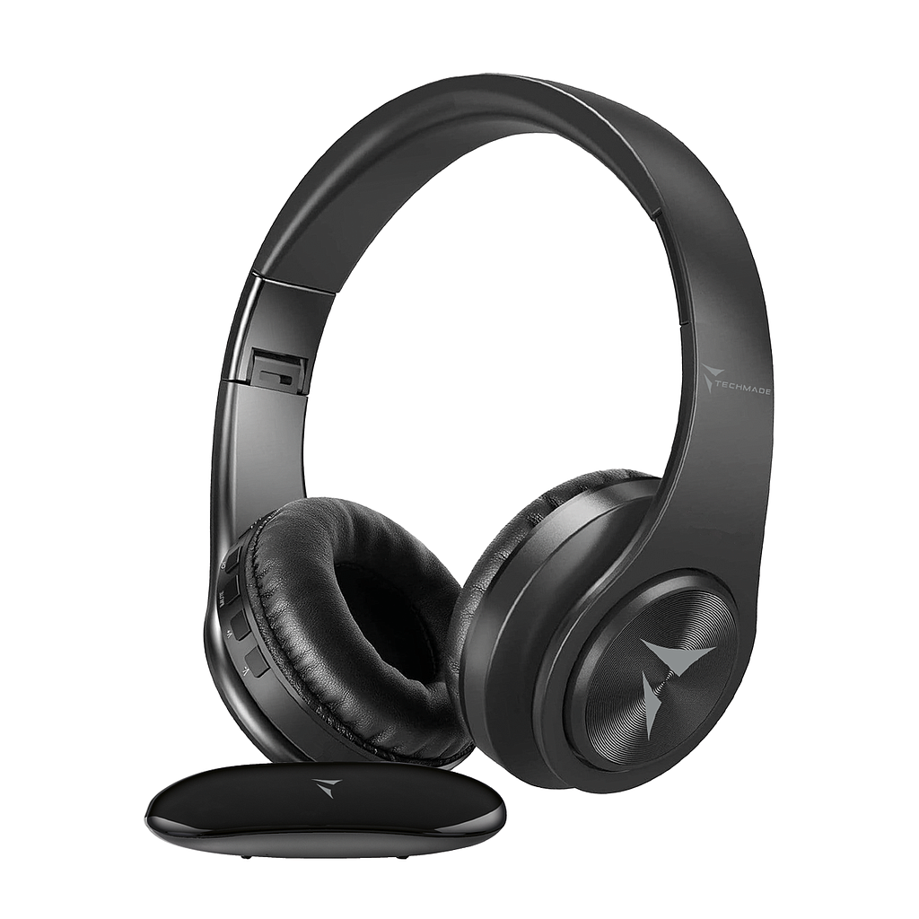 [8099990147132] Techmade headphones wireless over ear with bundle receiver black TM-YH690