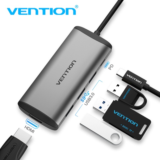 [6922794741348] Vention Hub Type-C 7 in 1 with 1 HDMI + 3 ports USB 3.0 + 1 converter PD metal gray CNBHB