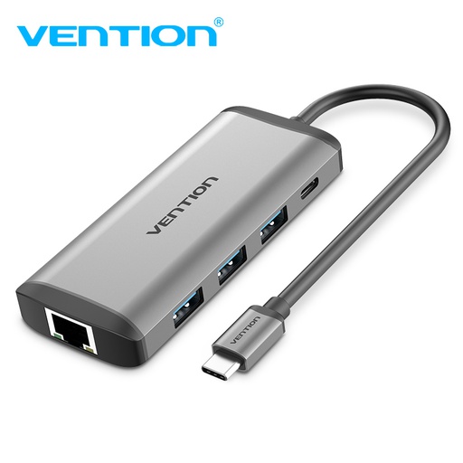 [6922794741362] Vention Hub Type-C con 1 HDMI + 3 porte USB 3.0 + 1 Ethernet + 1 Lettore SD + 1 convertitore PD 0.15mt metal gray CNDHB
