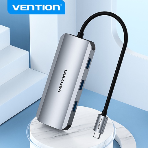 [6922794756816] Vention Hub 7 in 1 Type-C with 1 HDMI, 3 USB 3.0, 1 Reader SD, 1 TF, 1 Display Port 0.15mt aluminum gray TOJHB