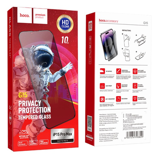 [6942007607629] Hoco Tempered Glass Privacy iPhone 15 Pro Max fullscreen 5D G15