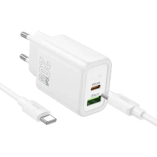 [6942007644280] Hoco Charger USB-C 20W + Data Cable Type-C N61 White N61.CC.WH