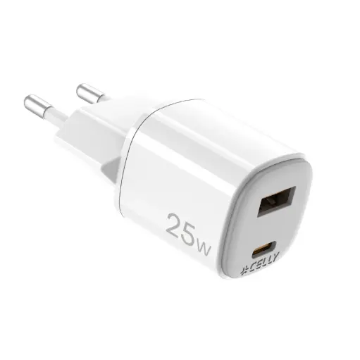 [8021735212157] Celly Caricabatterie 25W 2 Porte (USB + USB-C) GaN White UPTC1USB1USBC25