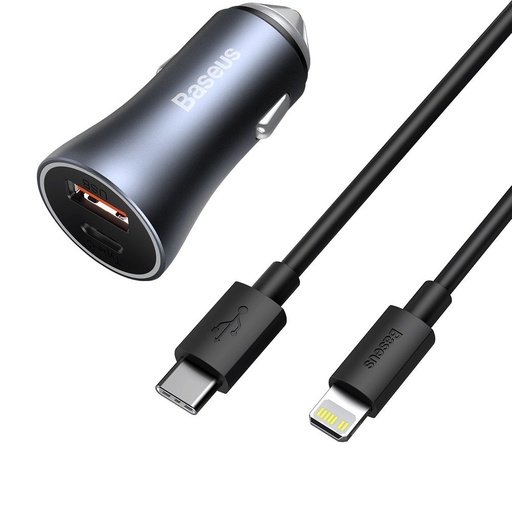 [6953156207639] Baseus Caricabatterie per Auto 2 Porte (USB+USB-C) 40W + Cavo Type-C To Lightning (1m) Golden Contactor Pro Black TZCCJD-B0G