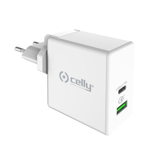 [8021735744863] Caricabatteria USB-C + USB Celly TCUSBC45WWH 45W wall Caricabatterie 